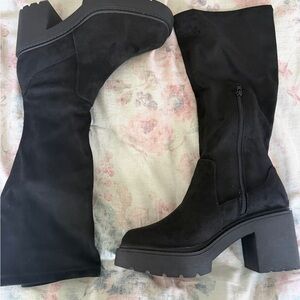 Steve Madden Black Suede-Look Chunky Heel Knee Boots